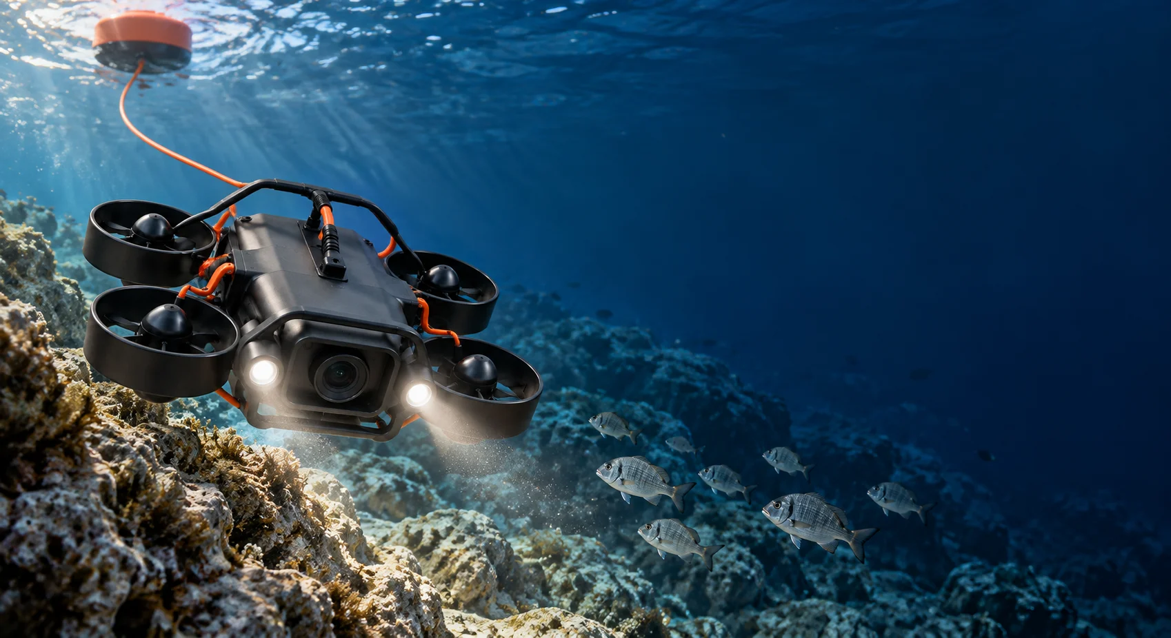 Future research concept of a supervised drone calmly observing marine life at a distance