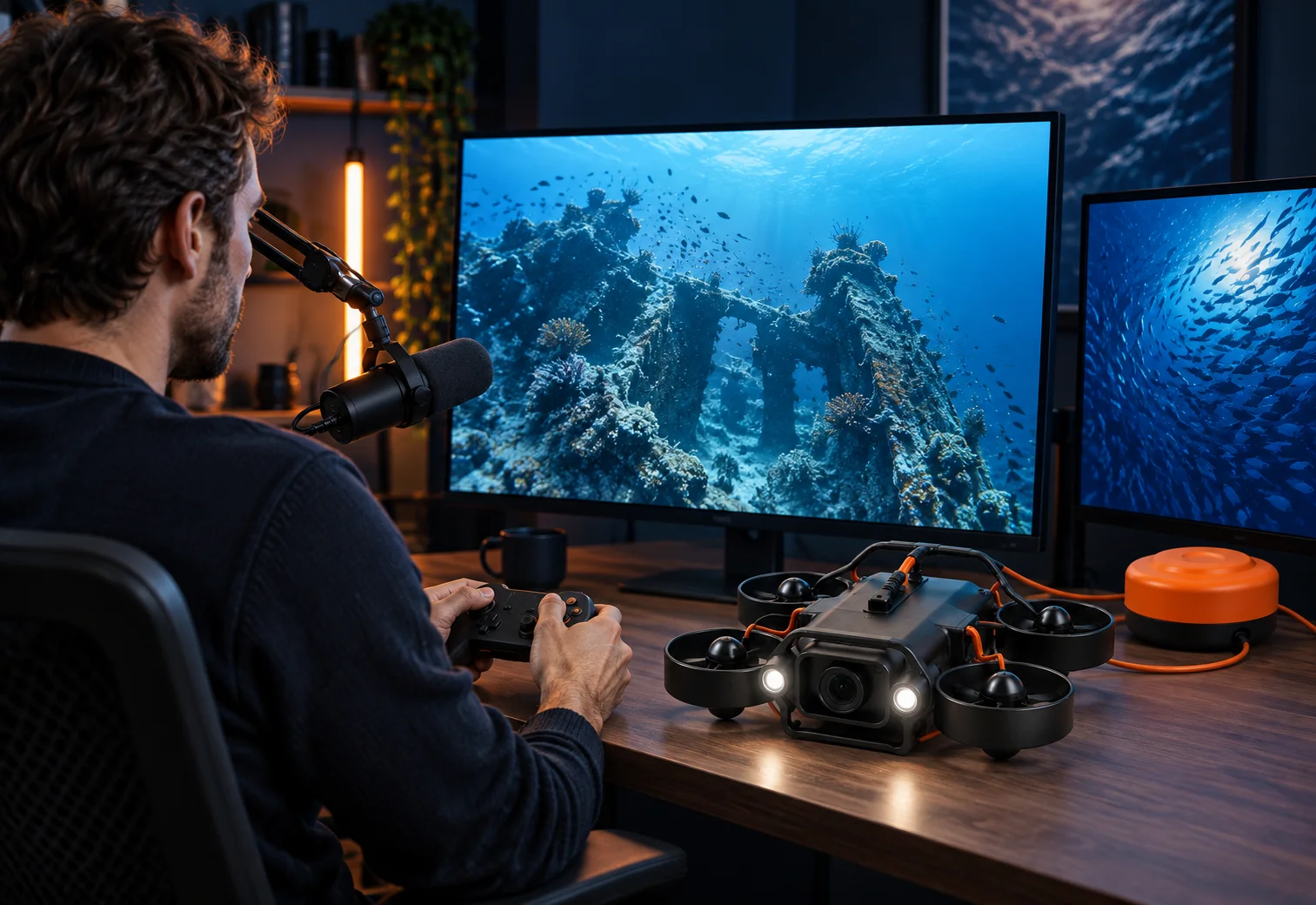 Concept visualization of a creator narrating an underwater expedition with a microphone, controller and large screens