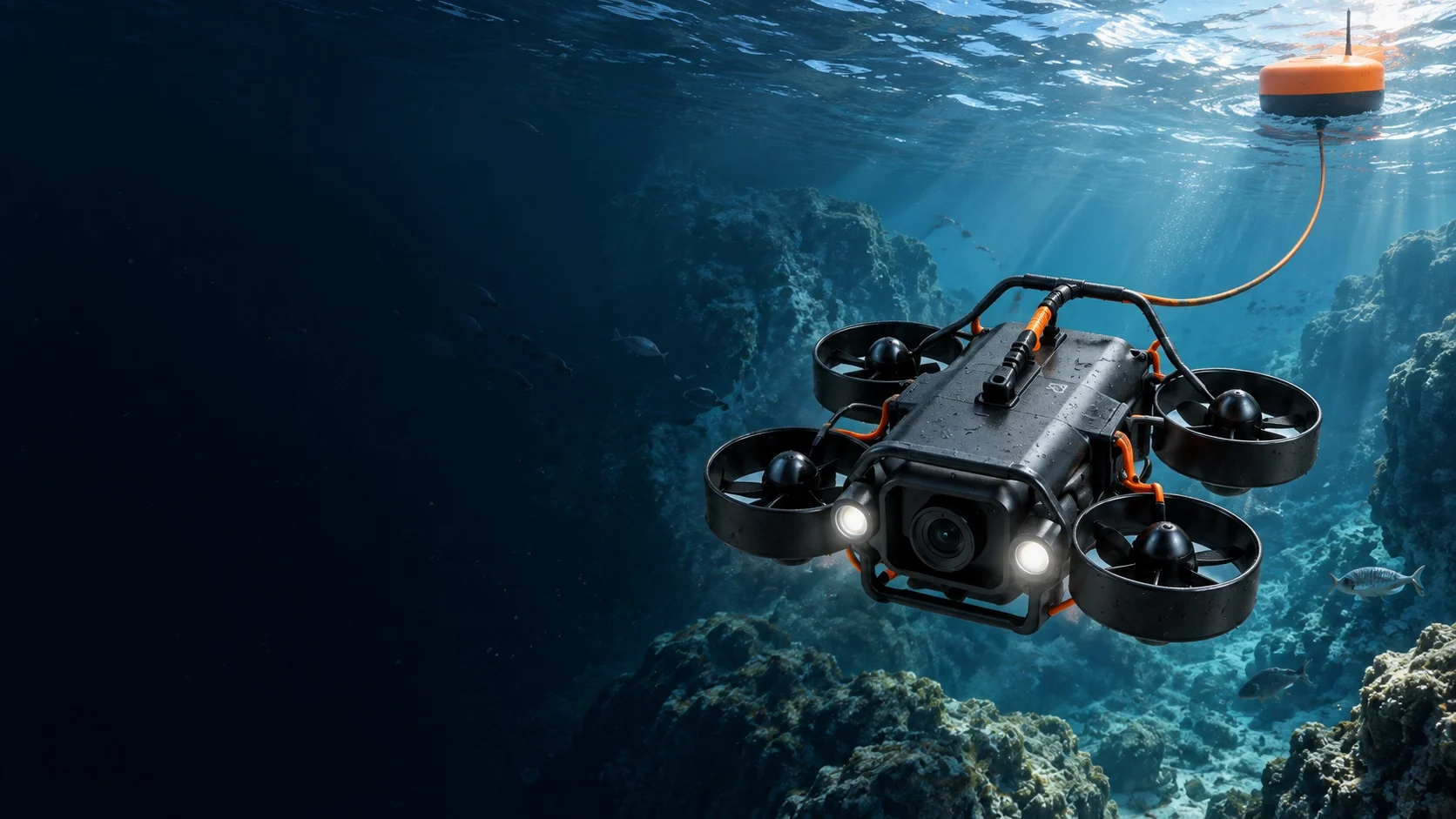 Concept of a graphite underwater drone connected by a thin tether to an orange surface buoy
